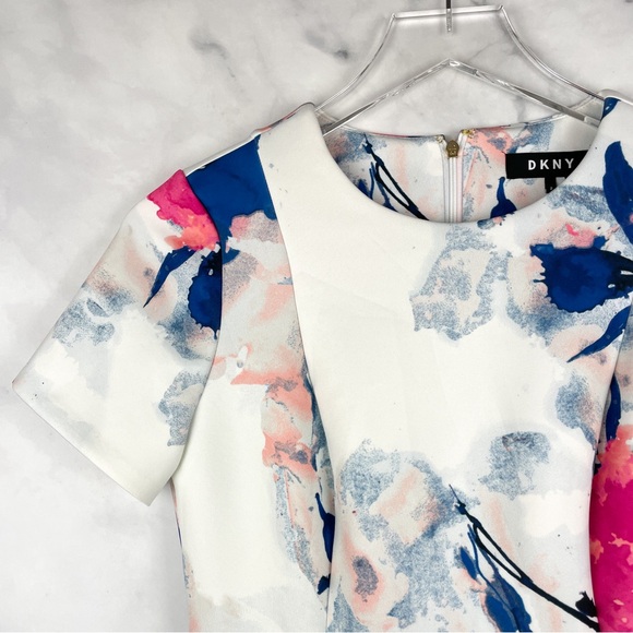 DKNY Floral High Neck Scuba Fit & Flare Short Sleeved Knee Length Midi Dress 2 - Picture 2 of 8